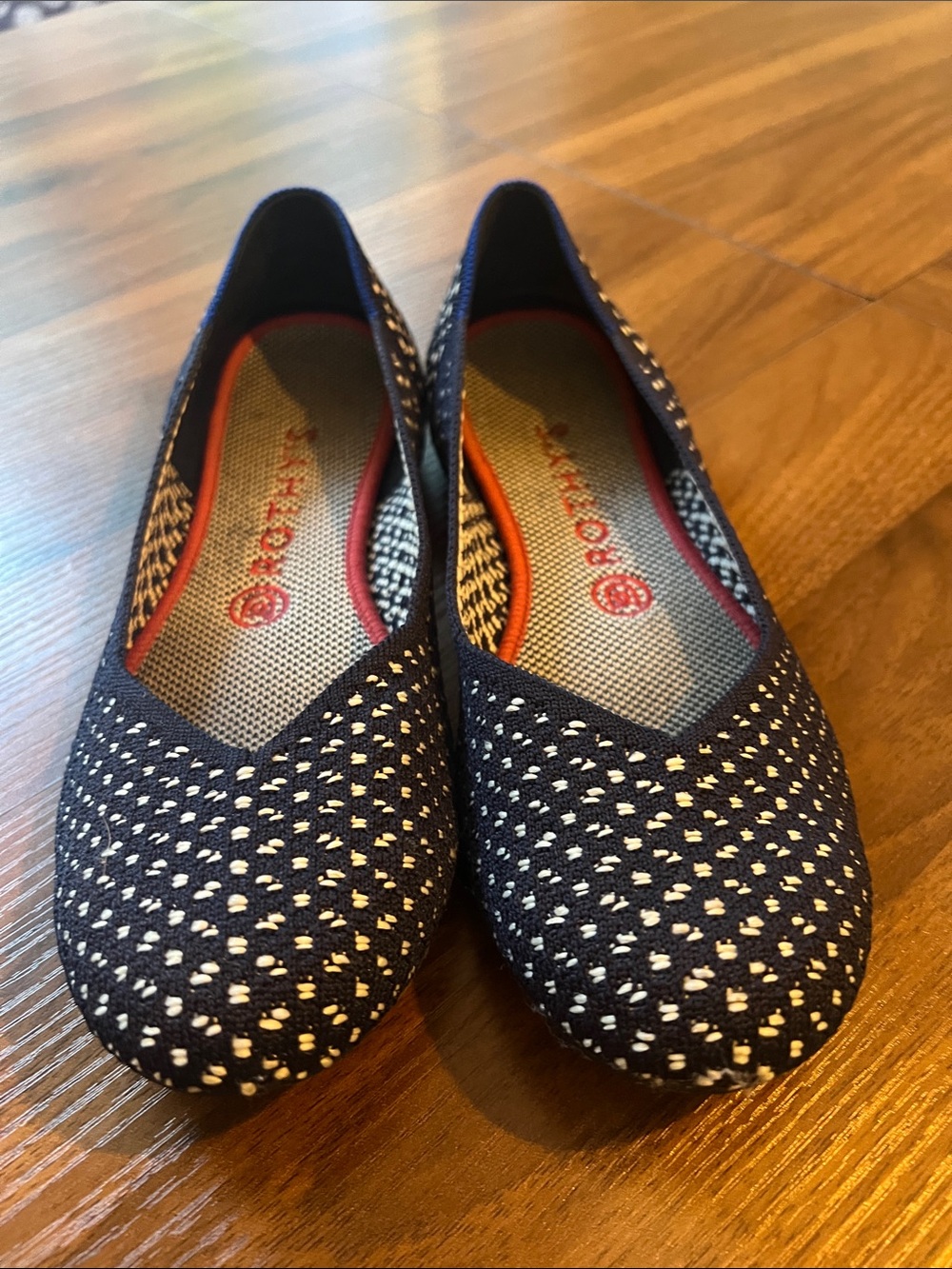 Rothy's Navy Knit Ballet Flats with Cream Dots